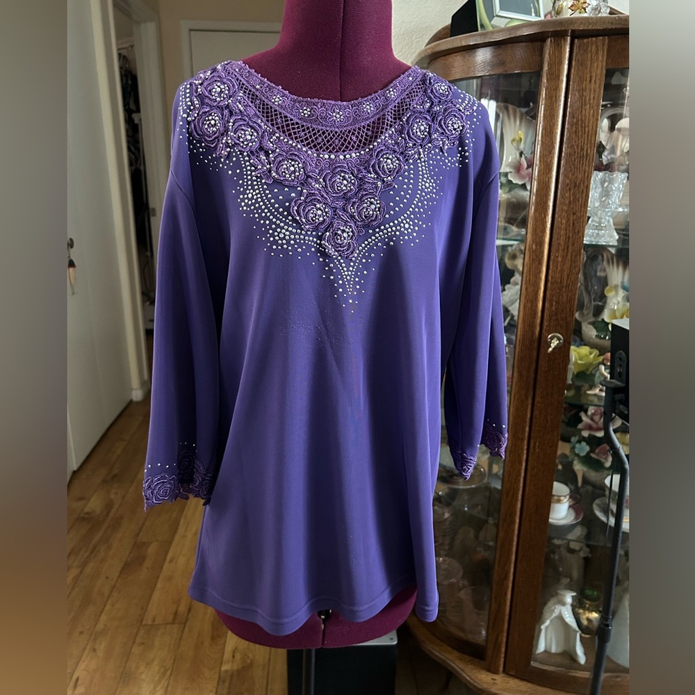 Propose Purple Top With Embroidered Roses With Silver Stud Centers.